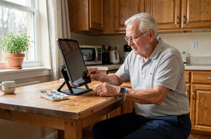Senior masculin utilisant une tablette grand écran et un pilulier organisé dans une cuisine aménagée pour l'autonomie