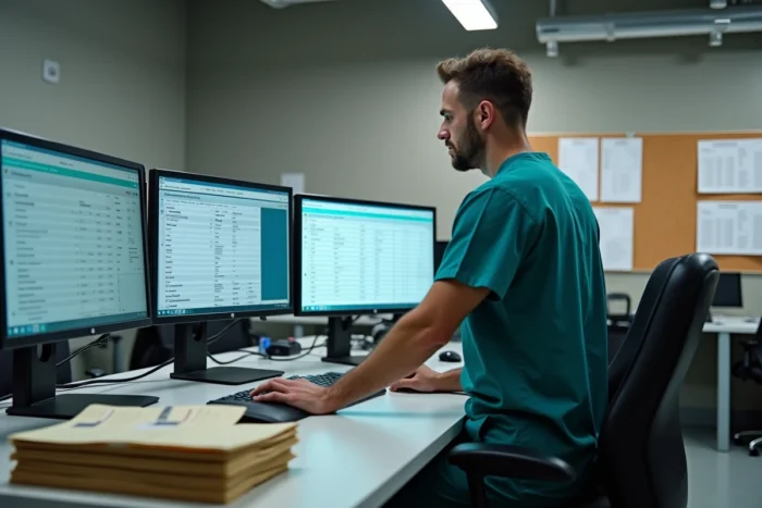 Technicien vétérinaire gérant les dossiers de plusieurs cliniques avec un logiciel de gestion multi-sites