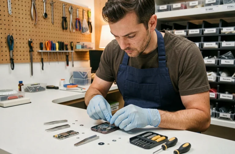 Technicien expert réparant un smartphone dans un atelier professionnel avec des outils de précision