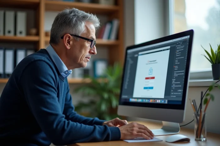 Homme en télétravail tentant de résoudre un problème de connexion au portail vente au personnel L'Oréal