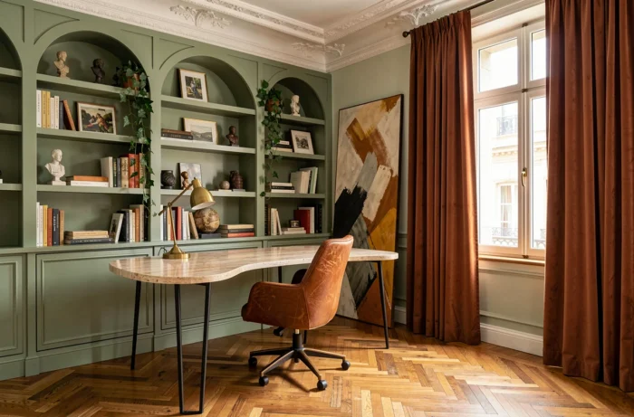 Bureau à domicile tendance 2024 avec bureau en travertin, chaise en cuir cognac et bibliothèque en vert sauge
