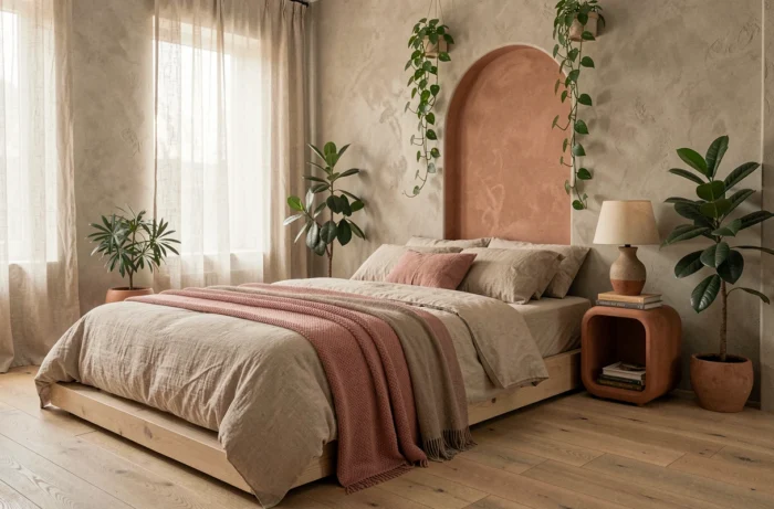 Chambre biophilique tendance 2024 avec lit plateforme en lin, niche en argile et plantes vertes décoratives