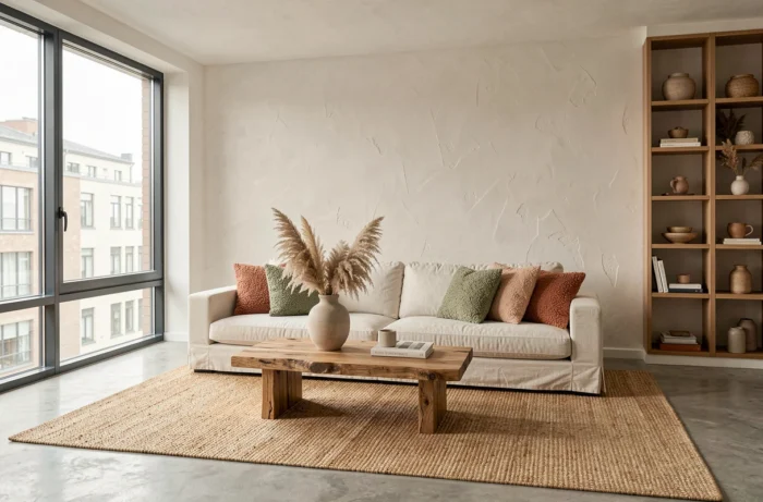 Salon scandinave moderne 2024 avec canapé en lin crème, coussins boucle terracotta et table basse en chêne brut