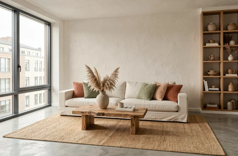 Salon scandinave moderne 2024 avec canapé en lin crème, coussins boucle terracotta et table basse en chêne brut