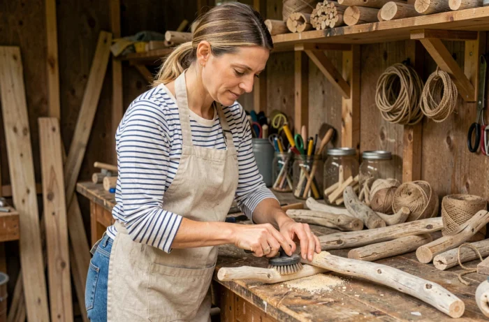 Femme traitant et nettoyant du bois flotté sur un établi dans un atelier artisanal