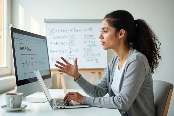 Tutrice en ligne expliquant un exercice de mathématiques lors d'une session de soutien scolaire à distance sur ordinateur