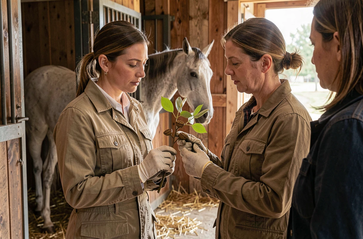 Vétérinaire équine montrant une branche de catalpa toxique à un propriétaire de cheval devant une écurie, sensibilisation aux risques pour les équidés