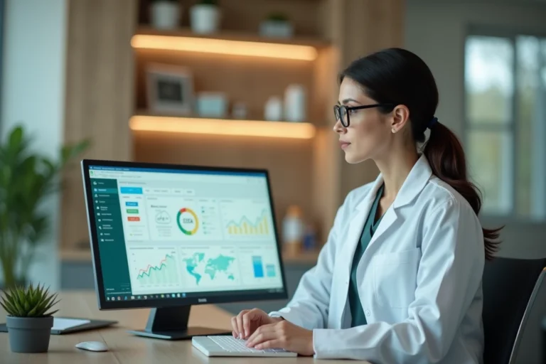 Vétérinaire utilisant un logiciel de gestion GMVET sur ordinateur dans une clinique vétérinaire multi-sites