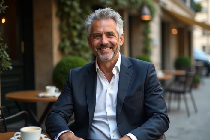Homme élégant d'une cinquantaine d'années souriant en terrasse de café parisien, évoquant la vie privée d'un personnage médiatique