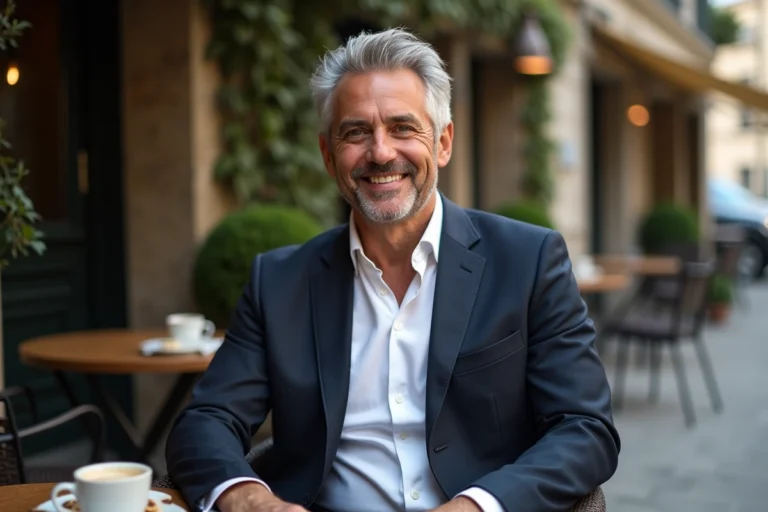 Homme élégant d'une cinquantaine d'années souriant en terrasse de café parisien, évoquant la vie privée d'un personnage médiatique