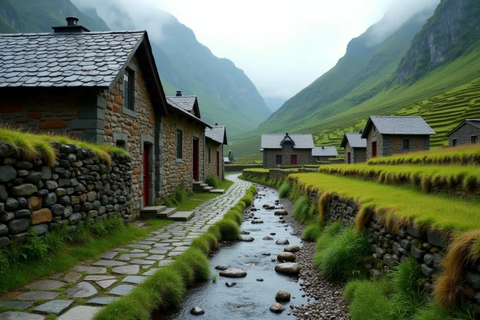 Village traditionnel préservé entouré de terres agricoles verdoyantes dans une région peu vulnérable au réchauffement climatique