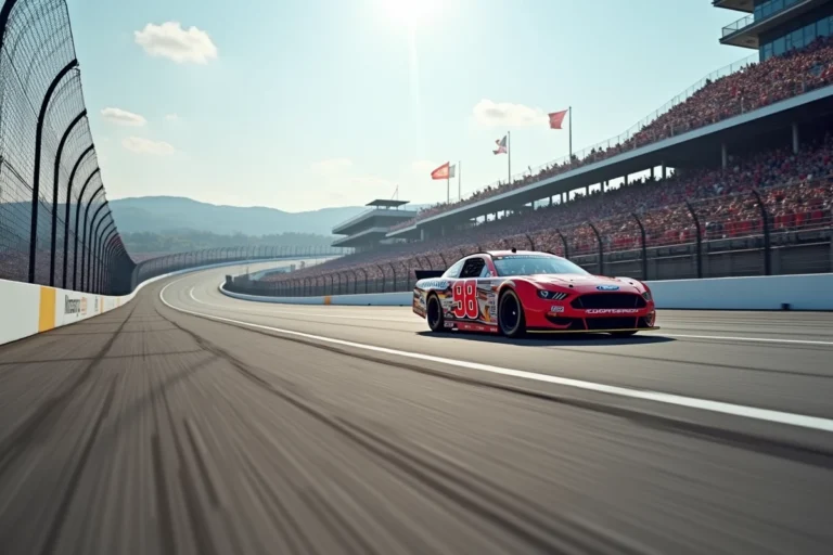 Voiture NASCAR en pleine vitesse sur un ovale, avec flou de mouvement et tribunes bondées en arrière-plan