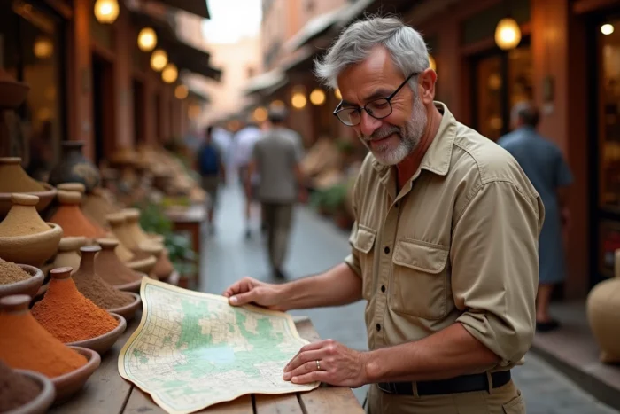 Voyageur consultant une carte dans un marché traditionnel de la médina marocaine lors d'un circuit organisé