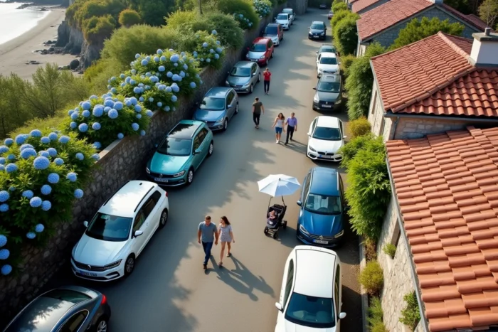 Vue aérienne d'un parking gratuit en bord de rue près de la plage de Conleau à Vannes avec familles se dirigeant vers la mer